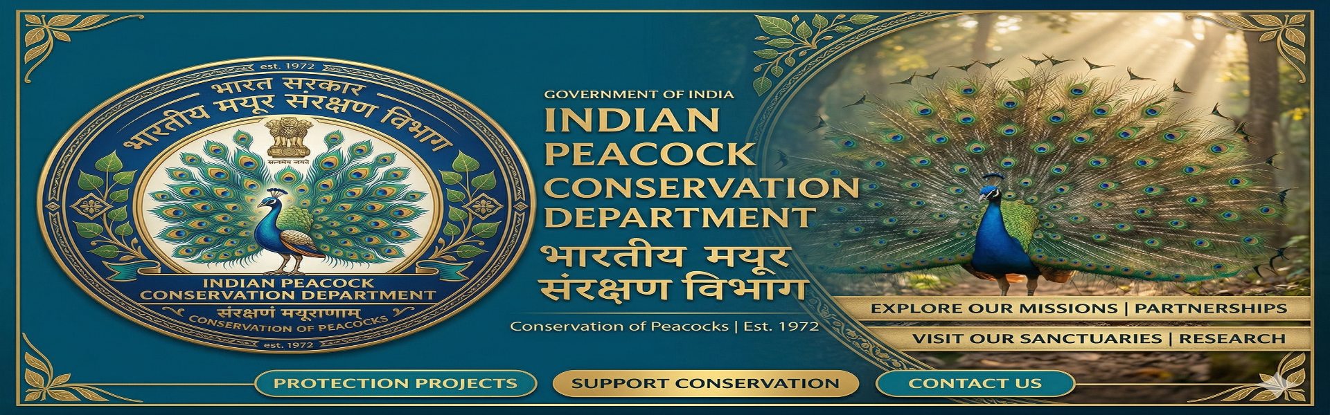 Indian peacock in a protected natural habitat landscape